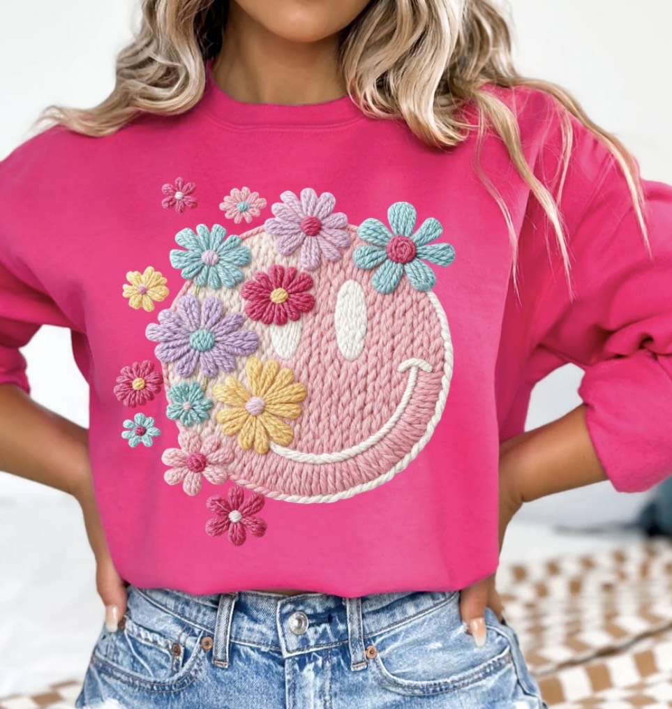 YARN FLOWER SMILEY GLITTER PRINT #0070 (ALL SEASON)