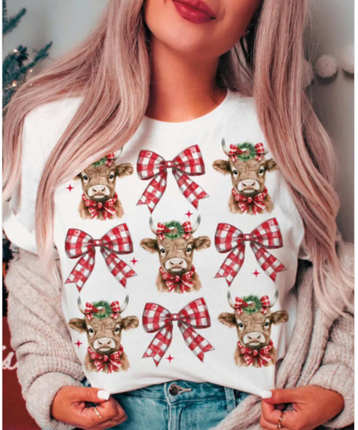 Highland Cow Seamless Christmas Bows Glitter Print #397 in DTF Just Pick Your Shirt GLITTER