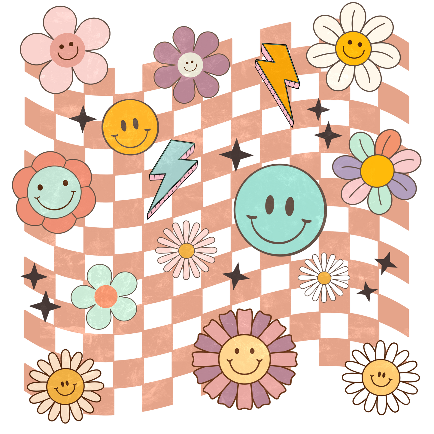 Retro Checkered Flower Smiley #062 Available in Sublimation and DTF Just Pick Your Shirt