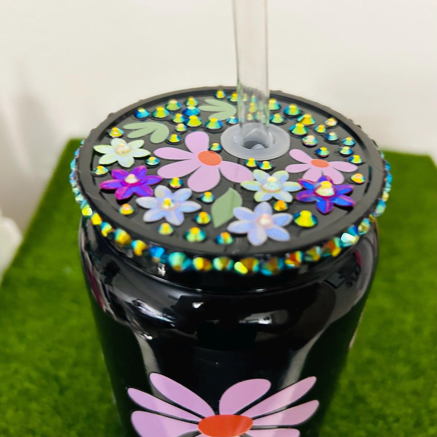 Flowers I Glass Tumbler With Straw And Decorated Lid ICute Cup Beer Can Iced Coffee Glass Cup With Lid And Straw I