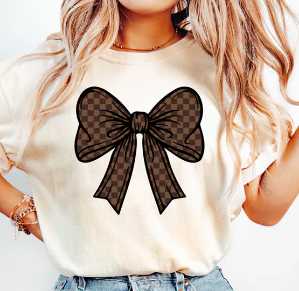 Checkered Brown Bow #382 Available DTF Just Pick Your Shirt