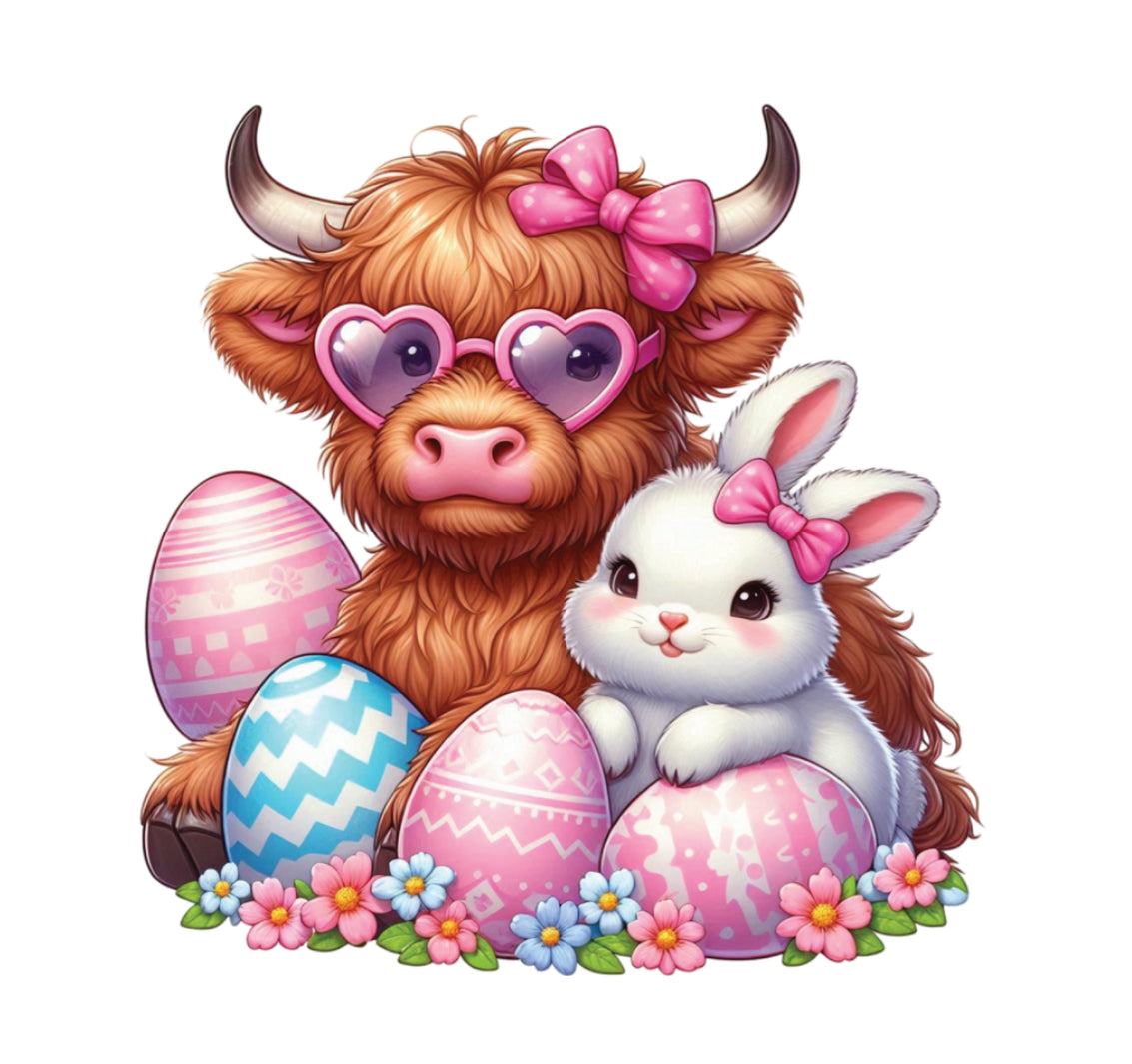 Highland Cow With Easter Bunny #090 Available in Sublimation and DTF Just Pick Your Shirt