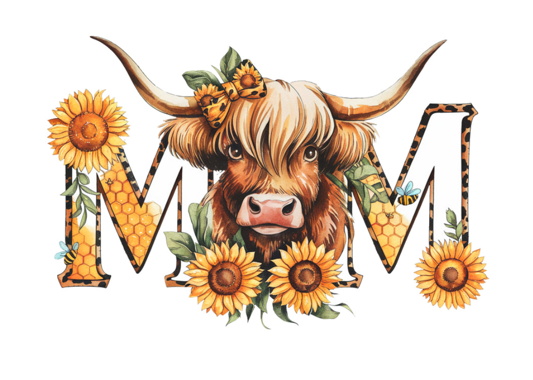 Mom Sunflower Highland Cow #314 Available in Sublimation and DTF Just Pick Your Shirt