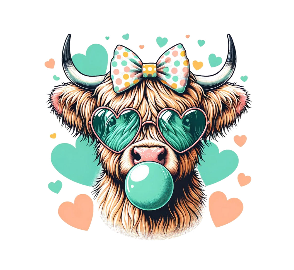 Highland Cow With Hearts #094 Available in Sublimation and DTF Just Pick Your Shirt