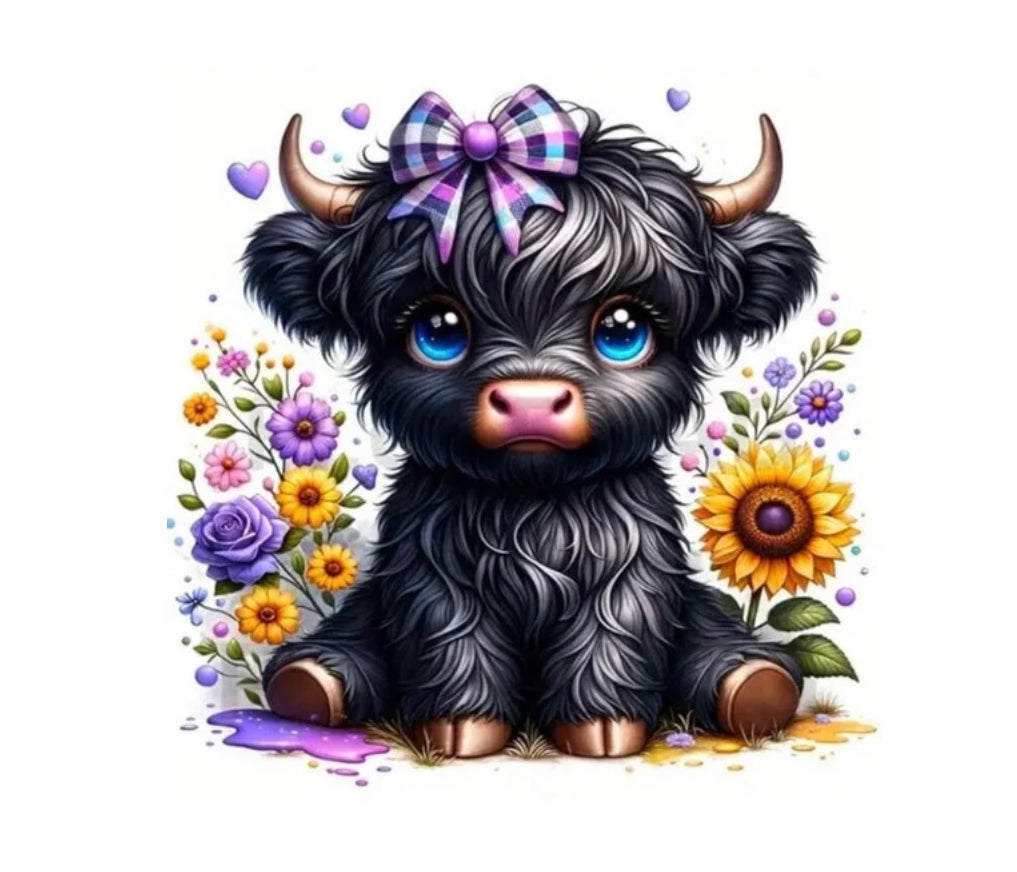 Black Flower Higland Cow Print #341 Available in Sublimation and DTF Just Pick Your Shirt