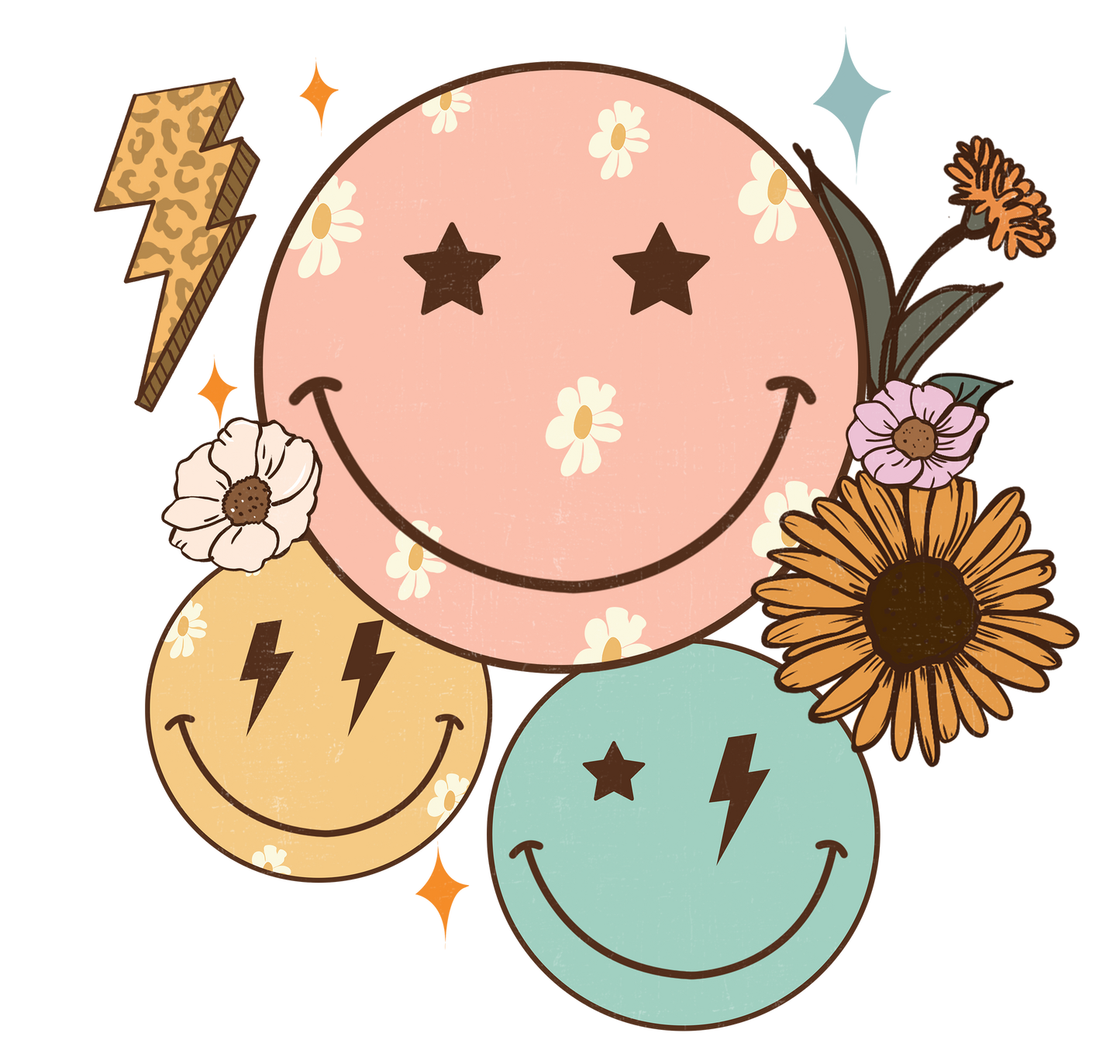 Retro Smiley Face And Sunflowers #067 Available in Sublimation and DTF Just Pick Your Shirt