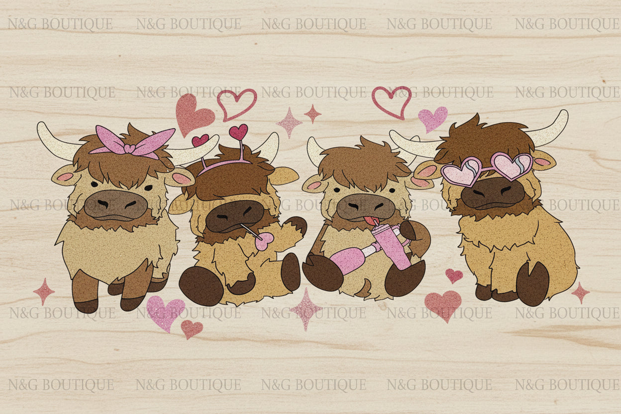 HIGHLAND COW WITH HEARTS GLITTER PRINT #0252 PRINT ONLY