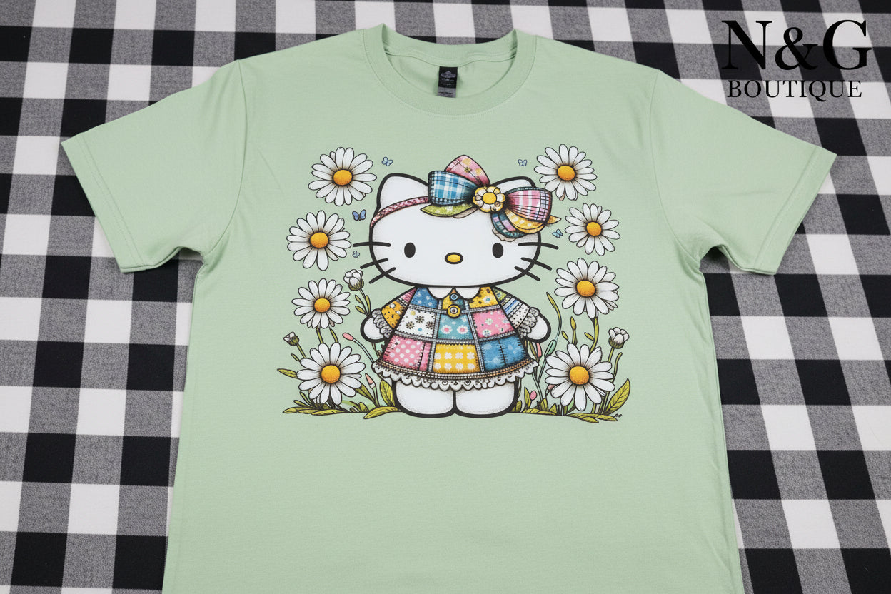 CUTE KITTY IN A FLOWER FILELD #0136 (CHARACTER) PERFECT FOR OVERSIZED T SHIRTS