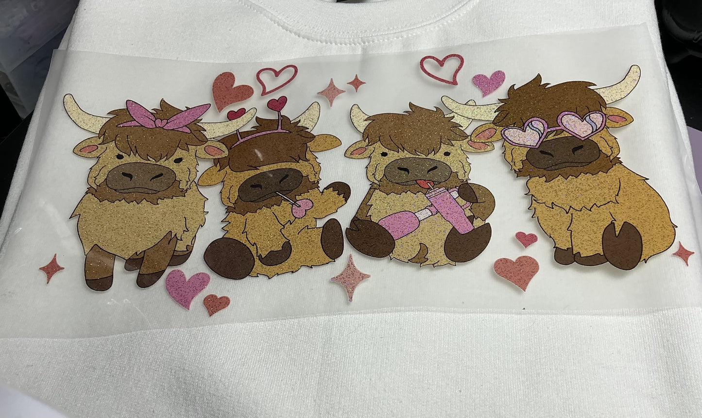 HIGHLAND COW WITH HEARTS GLITTER PRINT #0252 PRINT ONLY