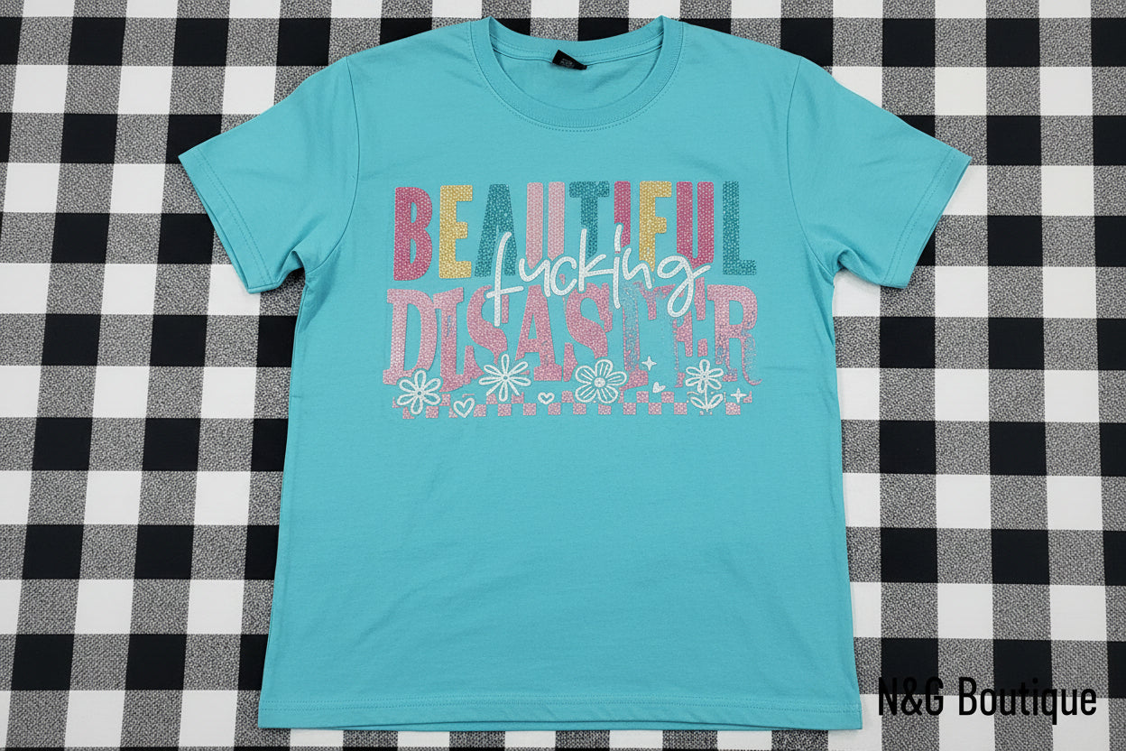 BEAUTIFUL FU....G DISASTER DISTRESSED GLITTER PRINT #0232 (ALL SEASON) (HUMOR)