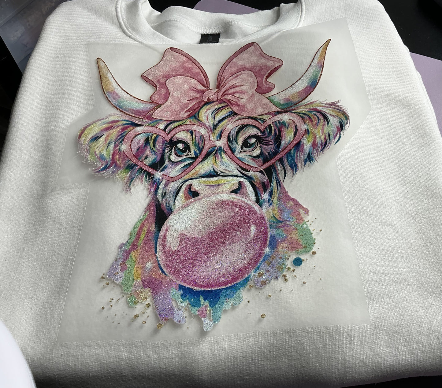 HIGHLAND COW BUBBLE GUM WITH BOW GLITTER PRINT #0058