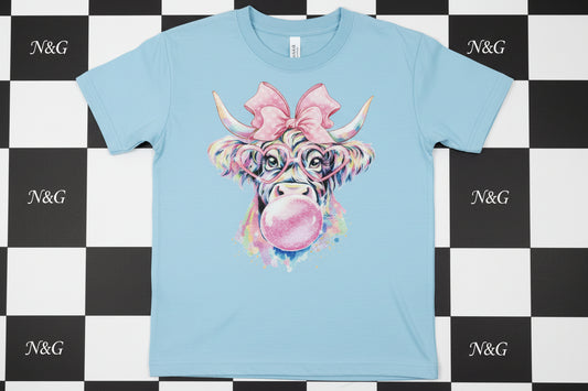 HIGHLAND COW BUBBLE GUM WITH BOW GLITTER PRINT #0058