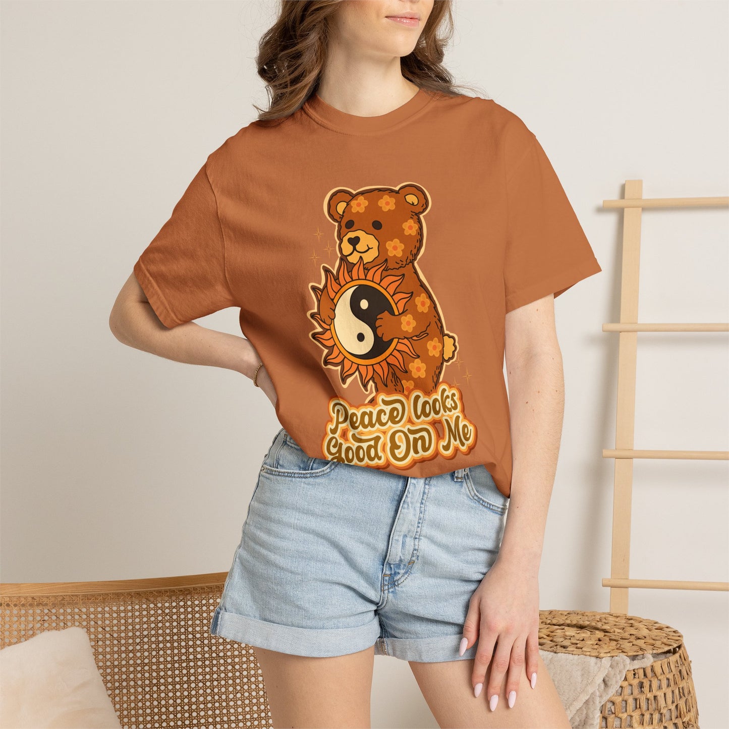 Peace Looks Good On Me T-Shirt — Retro Teddy Bear Yin Yang Tee