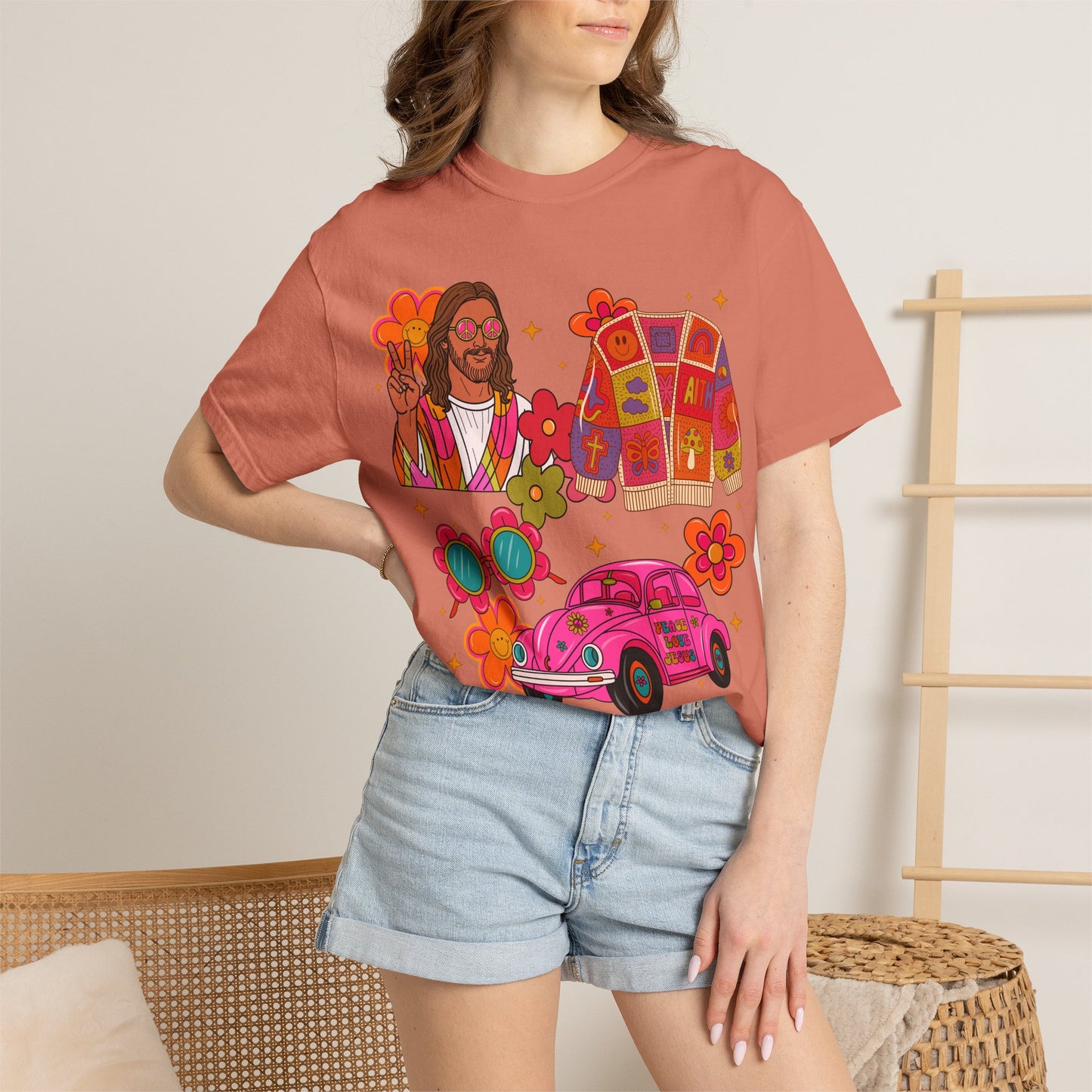 Retro Hippie Vibes T-Shirt — Groovy Pink Beetle, Flowers & Sunglasses