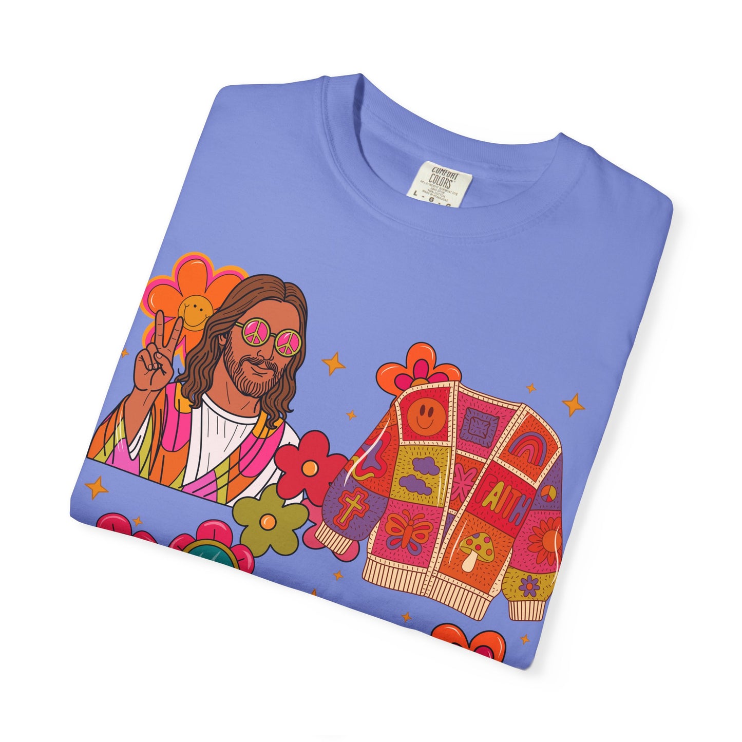Retro Hippie Vibes T-Shirt — Groovy Pink Beetle, Flowers & Sunglasses