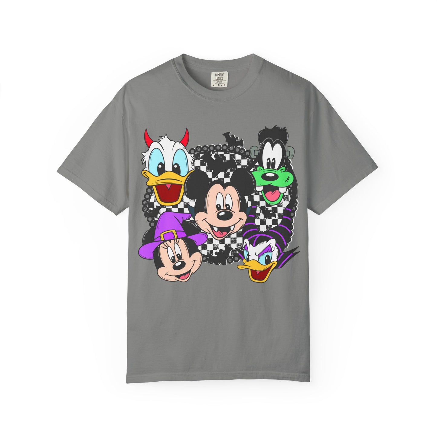Retro Cartoon Character Faces Graphic T-Shirt — Checkerboard Halloween Vibe