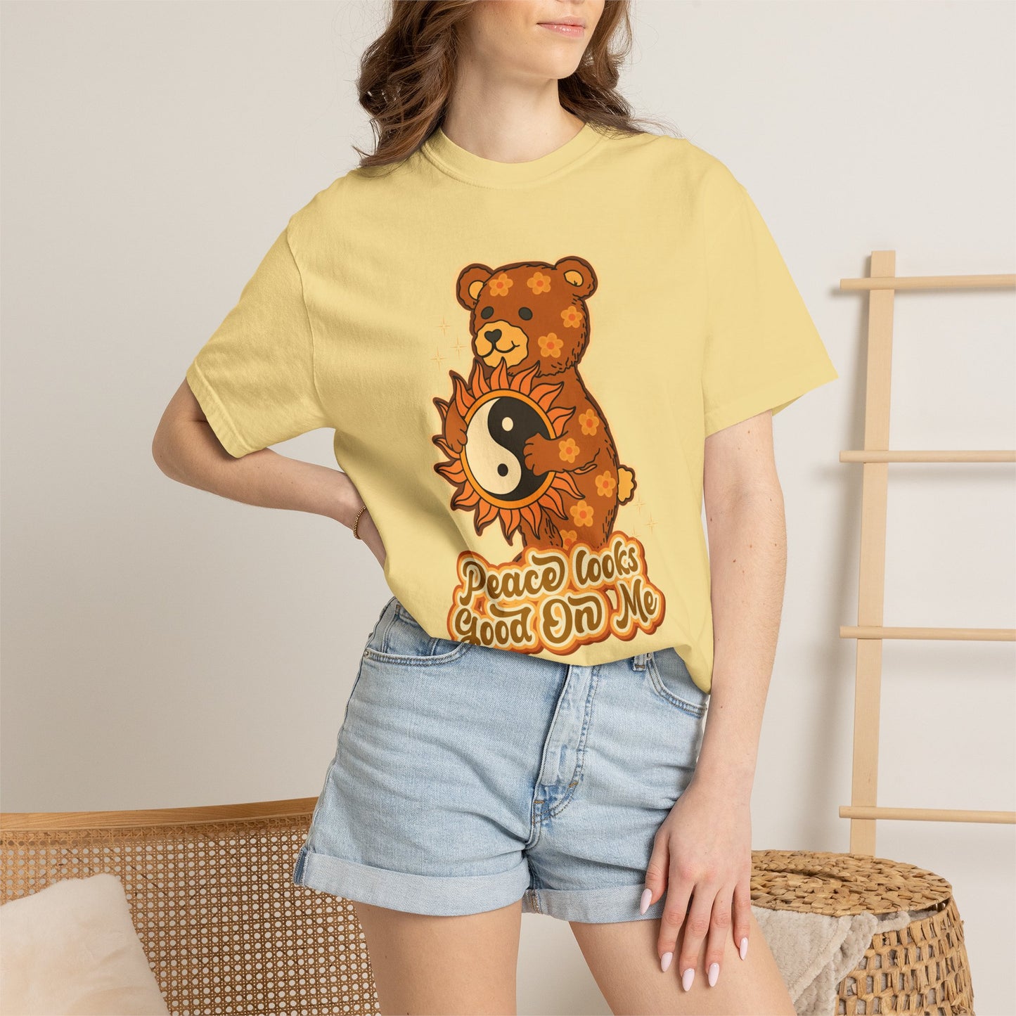 Peace Looks Good On Me T-Shirt — Retro Teddy Bear Yin Yang Tee