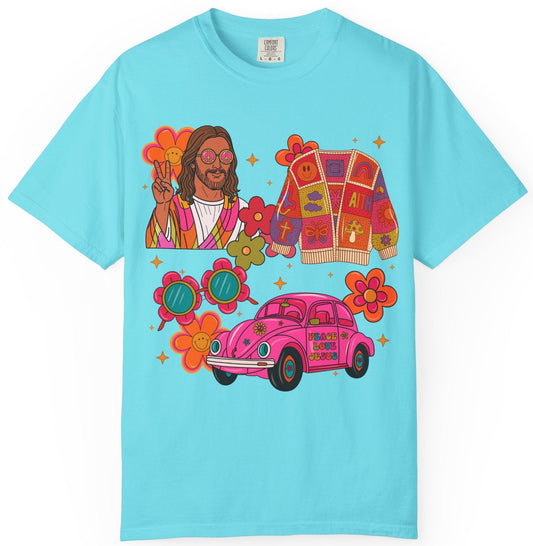 Retro Hippie Vibes T-Shirt — Groovy Pink Beetle, Flowers & Sunglasses