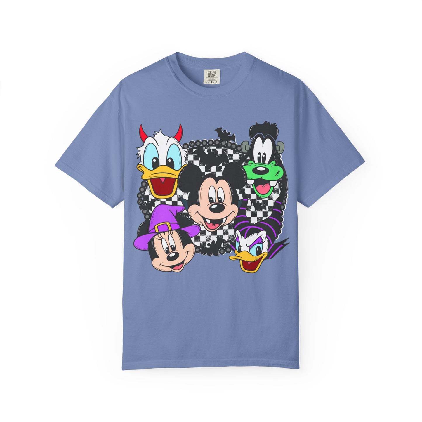 Retro Cartoon Character Faces Graphic T-Shirt — Checkerboard Halloween Vibe