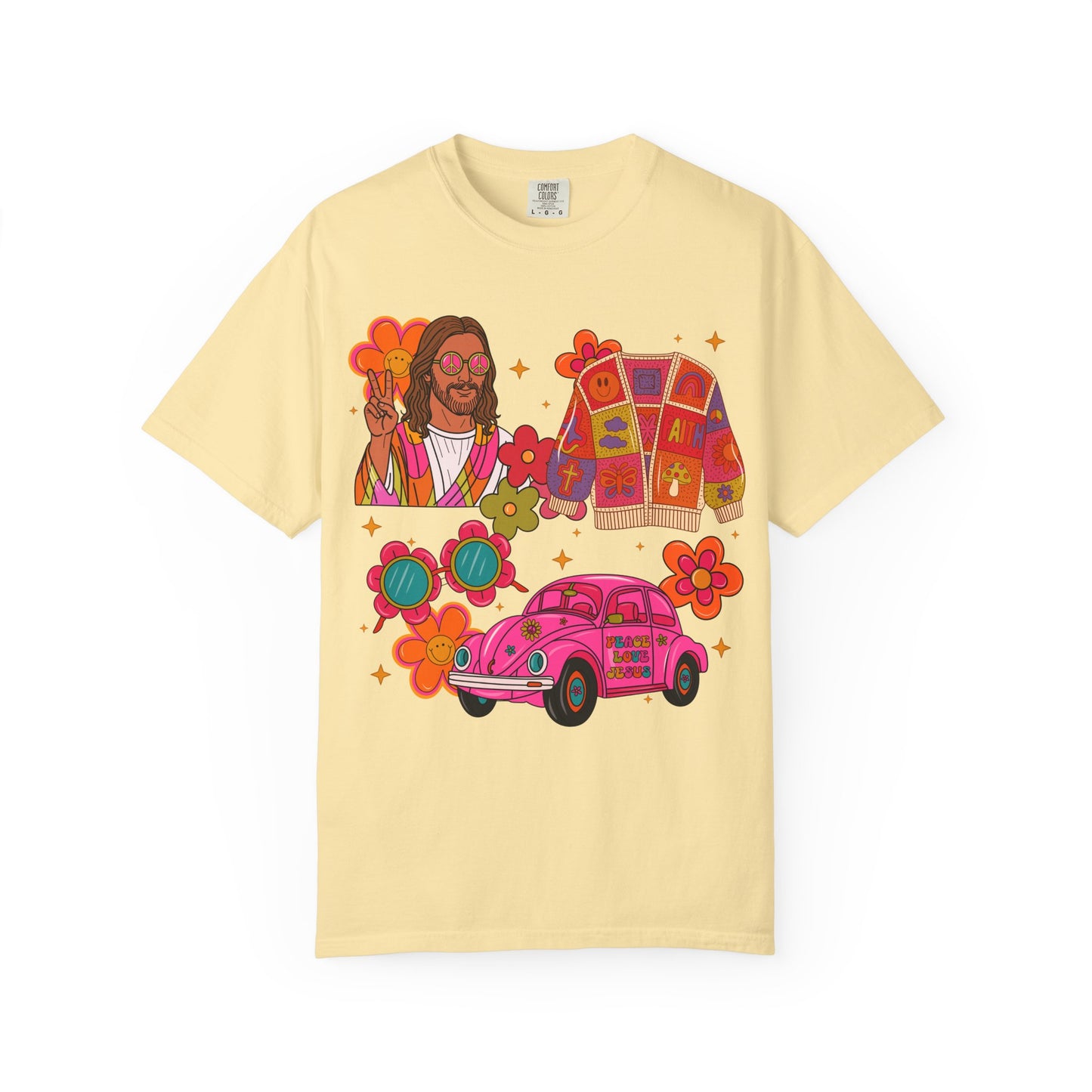 Retro Hippie Vibes T-Shirt — Groovy Pink Beetle, Flowers & Sunglasses