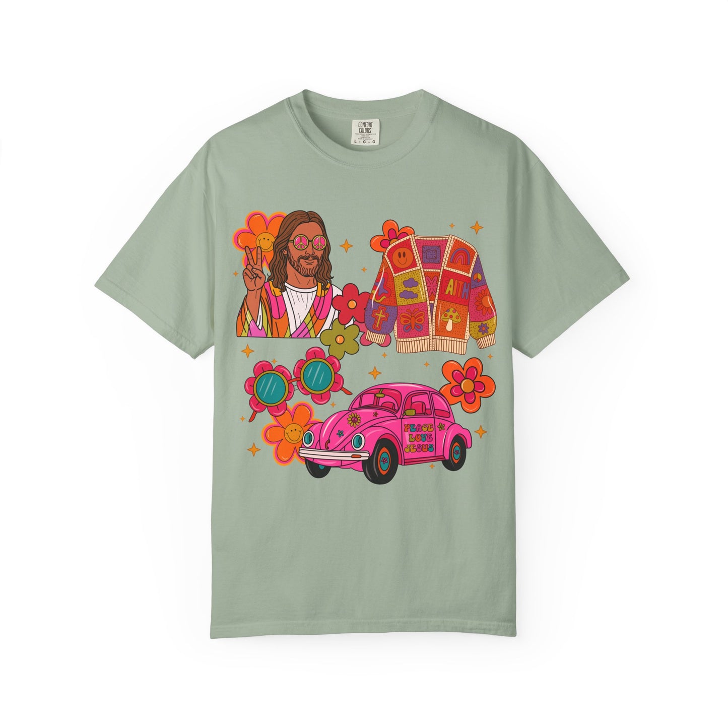 Retro Hippie Vibes T-Shirt — Groovy Pink Beetle, Flowers & Sunglasses