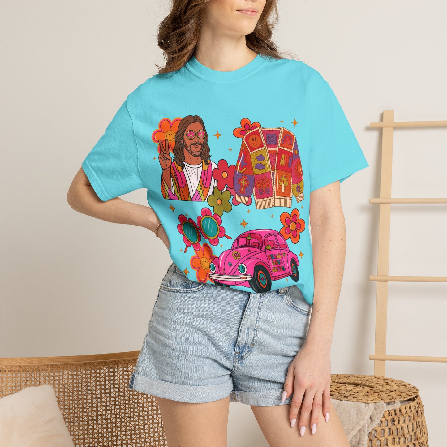 Retro Hippie Vibes T-Shirt — Groovy Pink Beetle, Flowers & Sunglasses