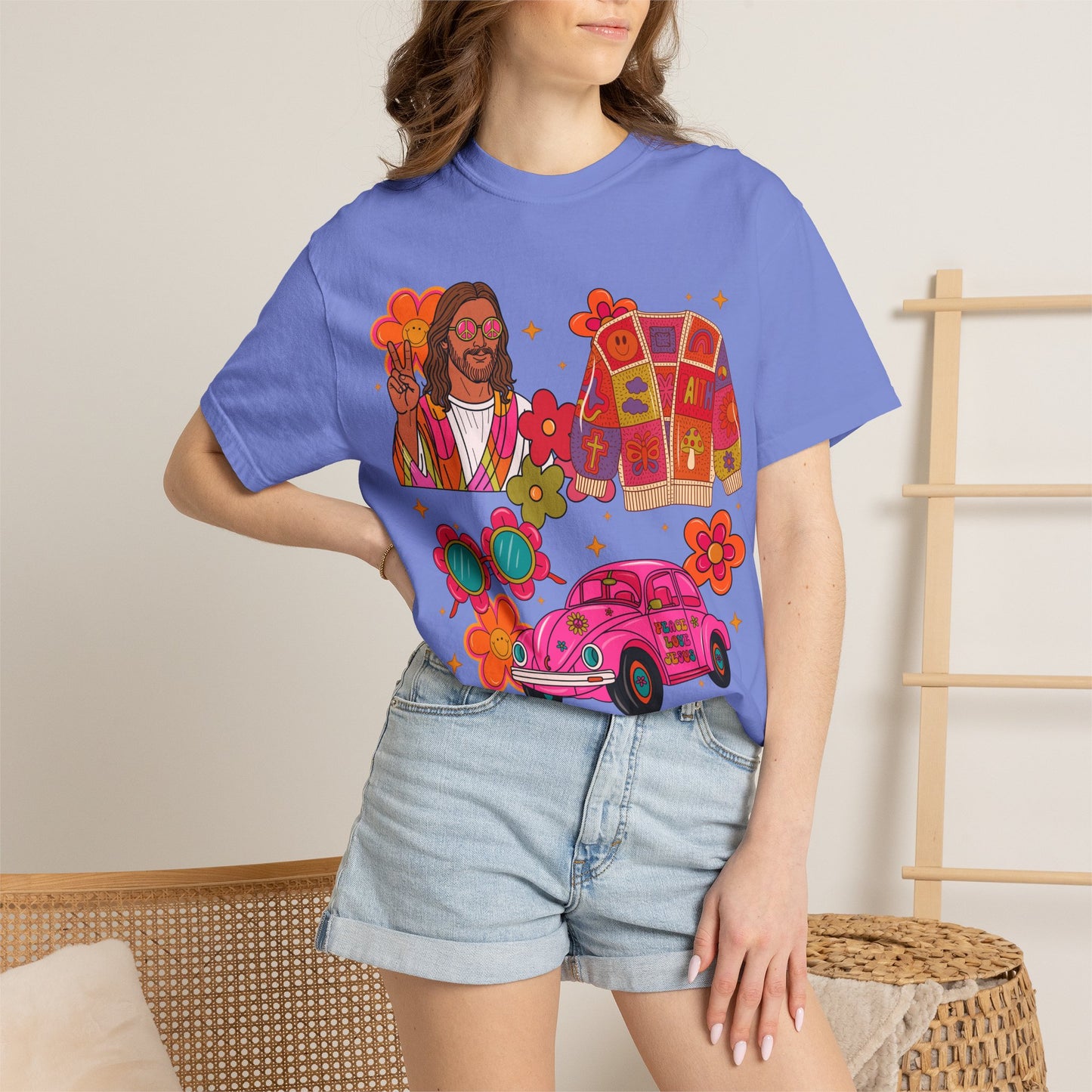 Retro Hippie Vibes T-Shirt — Groovy Pink Beetle, Flowers & Sunglasses
