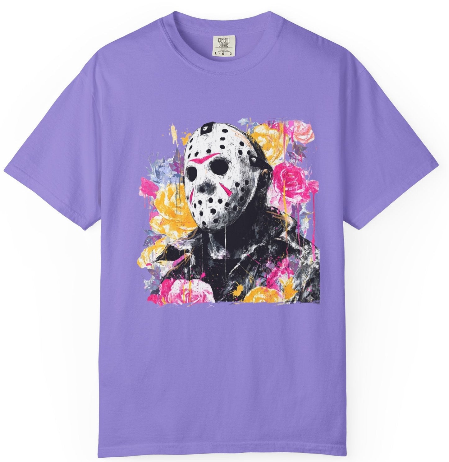 Hockey Mask Horror Portrait T‑Shirt — Floral Jason Graphic Tee