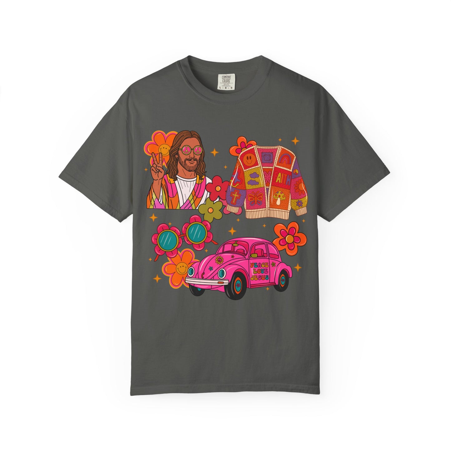 Retro Hippie Vibes T-Shirt — Groovy Pink Beetle, Flowers & Sunglasses