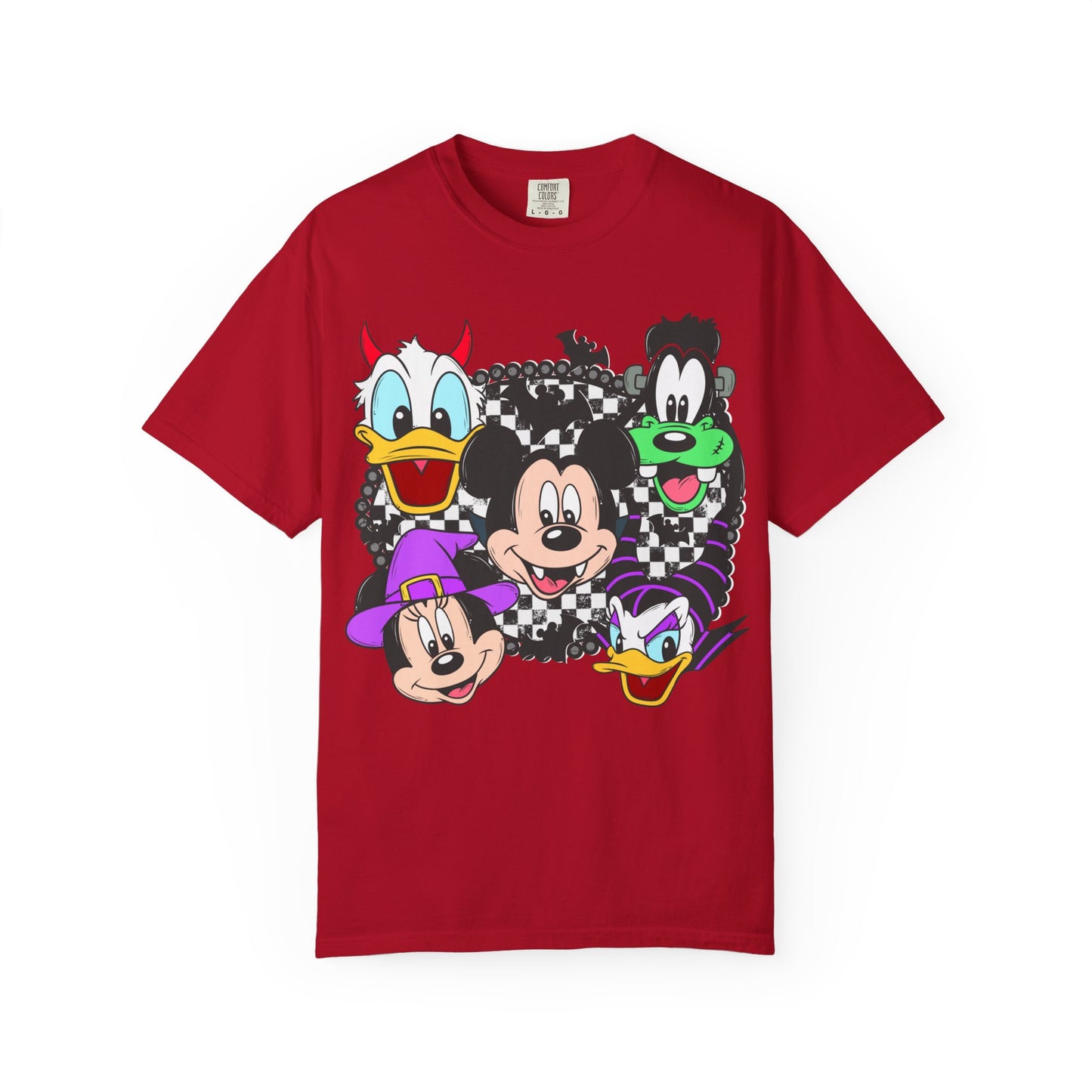 Retro Cartoon Character Faces Graphic T-Shirt — Checkerboard Halloween Vibe