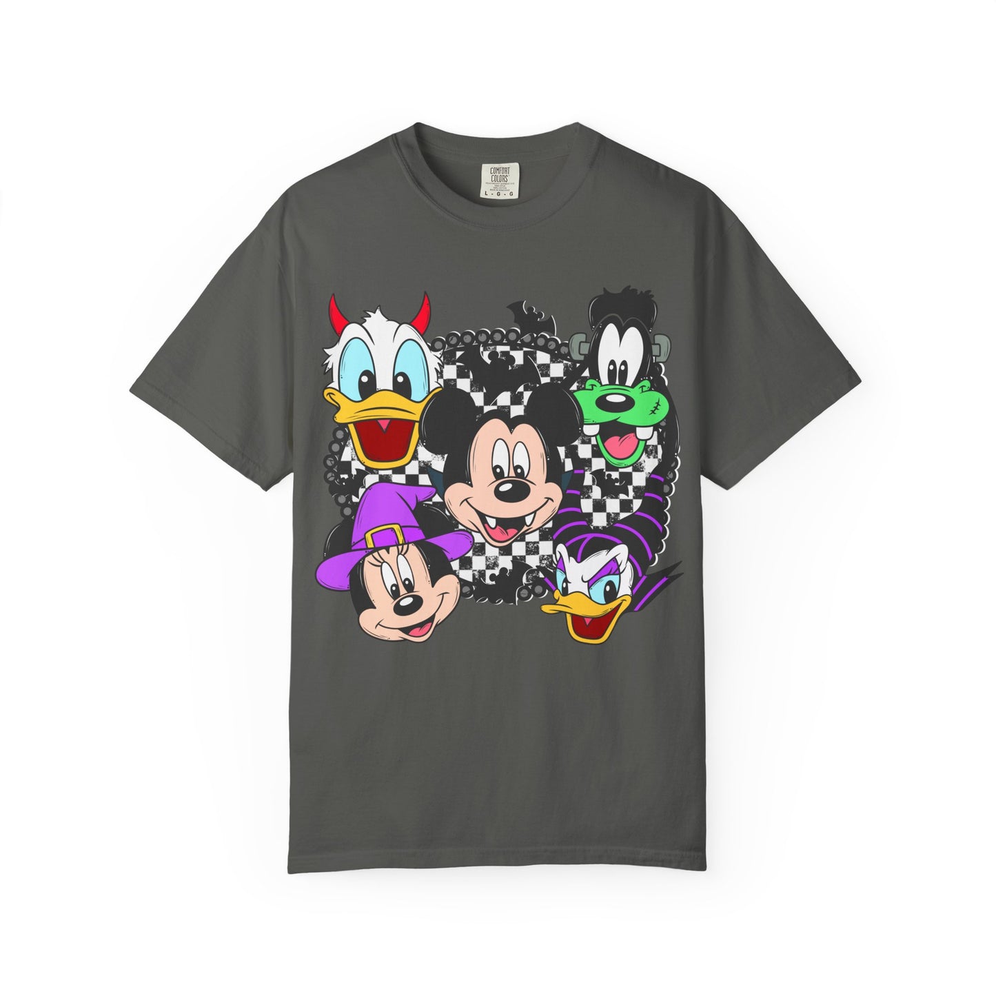 Retro Cartoon Character Faces Graphic T-Shirt — Checkerboard Halloween Vibe