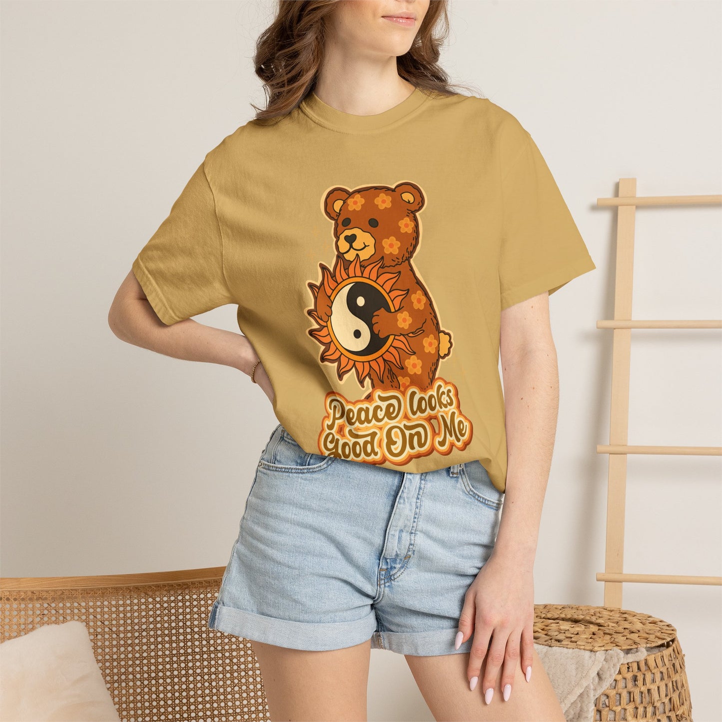 Peace Looks Good On Me T-Shirt — Retro Teddy Bear Yin Yang Tee