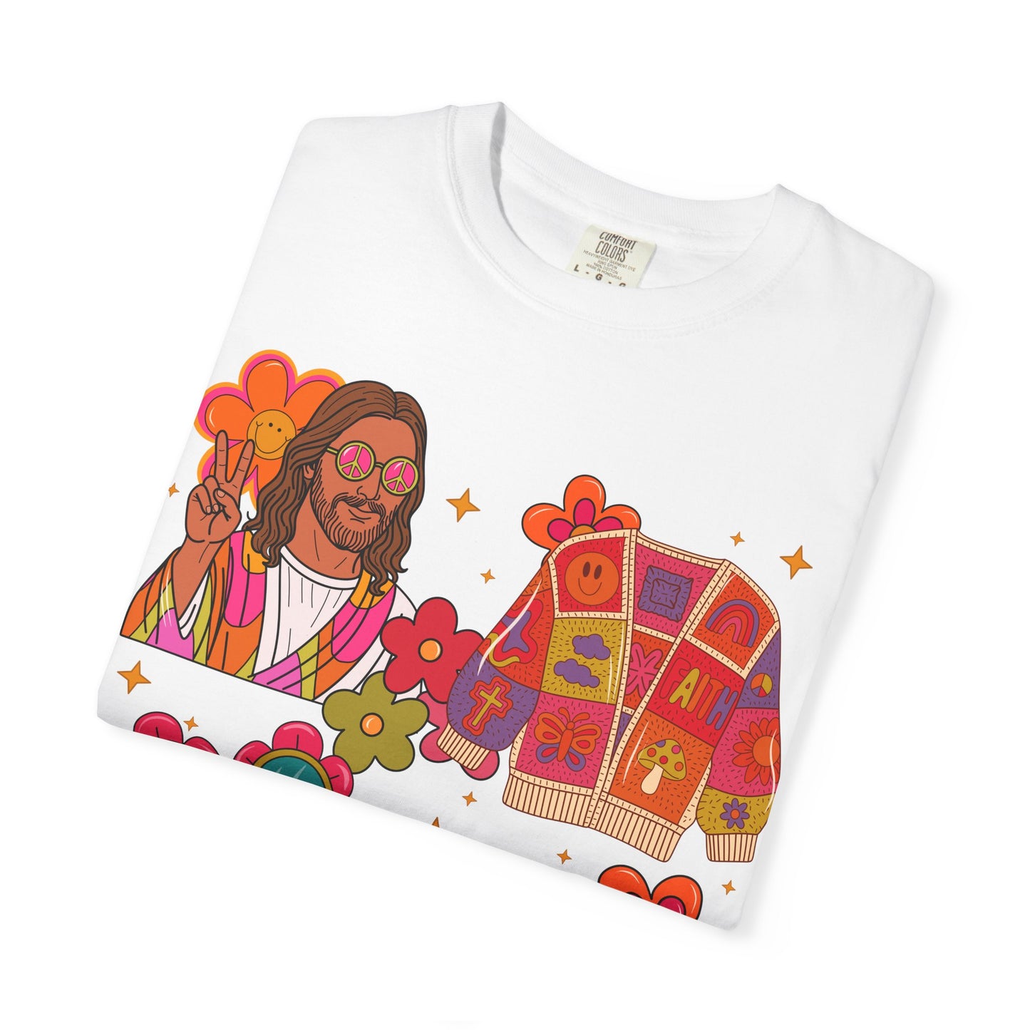 Retro Hippie Vibes T-Shirt — Groovy Pink Beetle, Flowers & Sunglasses