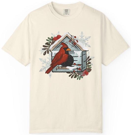 Cardinal Birdhouse T-Shirt — Winter Holiday Nature Tee
