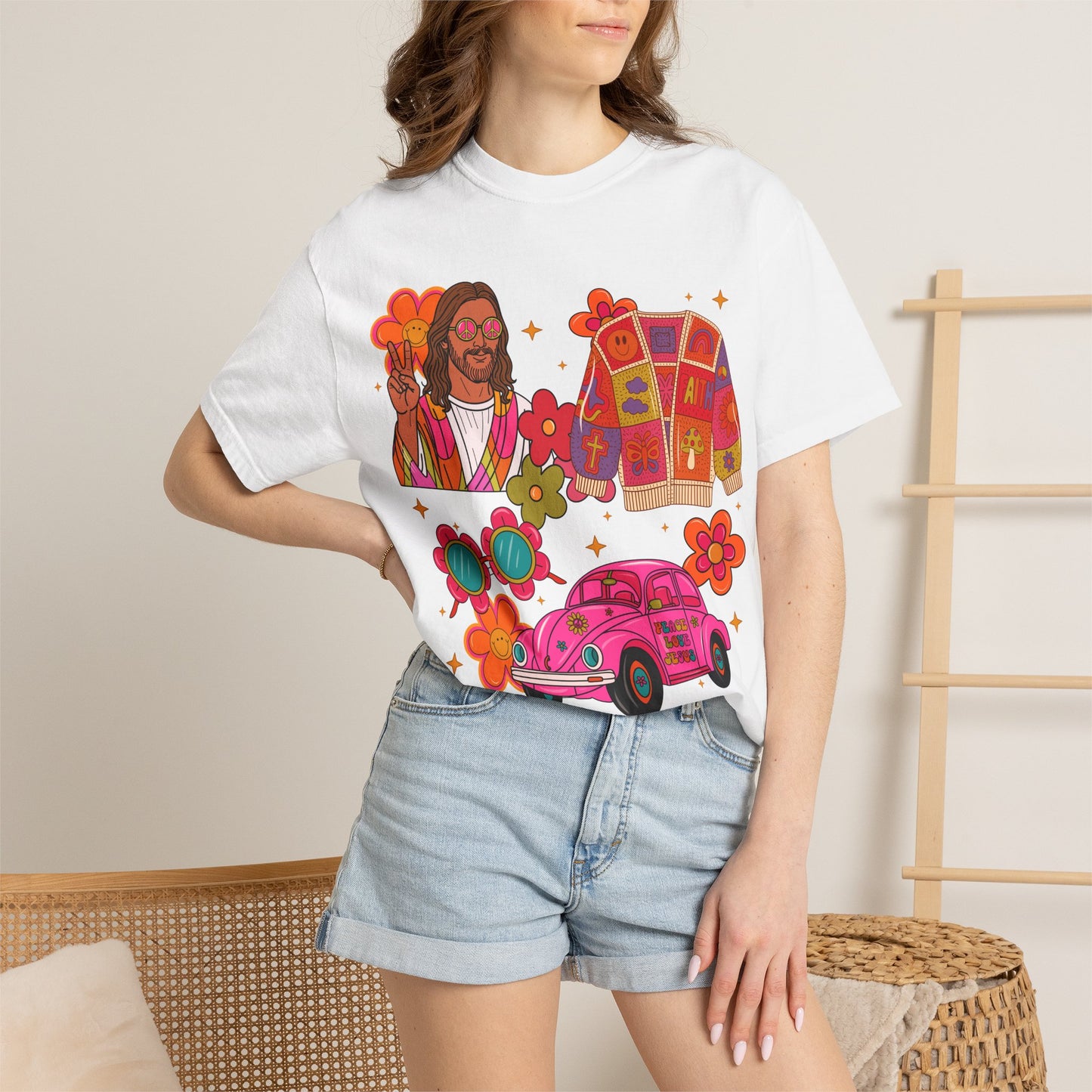 Retro Hippie Vibes T-Shirt — Groovy Pink Beetle, Flowers & Sunglasses