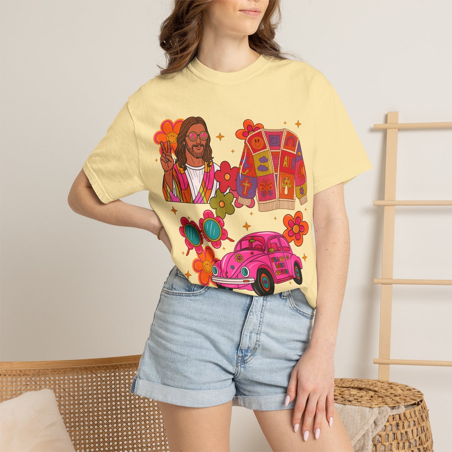 Retro Hippie Vibes T-Shirt — Groovy Pink Beetle, Flowers & Sunglasses