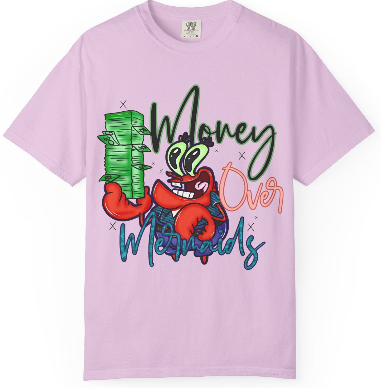 Money Over Mermaids Graphic T-Shirt — Cute Crab Holding Cash, Beachy Coastal Vibe