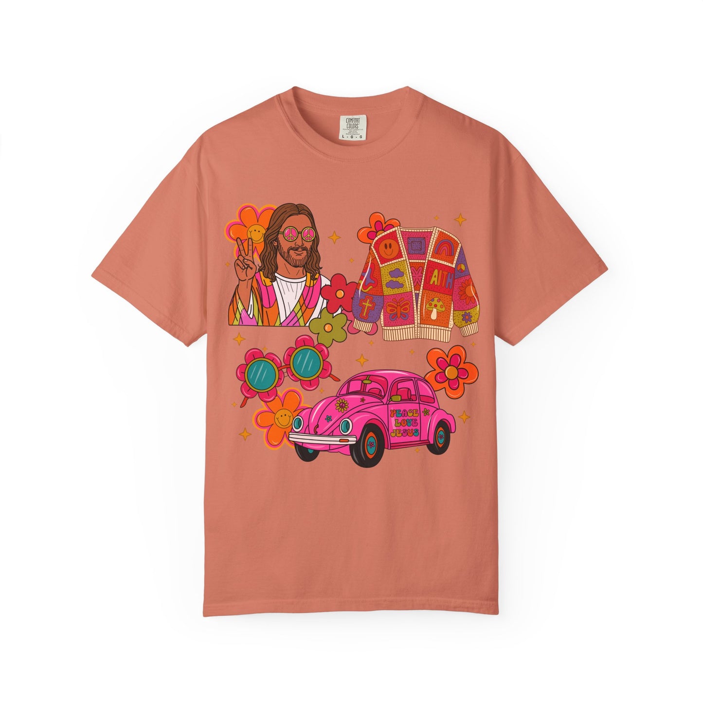 Retro Hippie Vibes T-Shirt — Groovy Pink Beetle, Flowers & Sunglasses