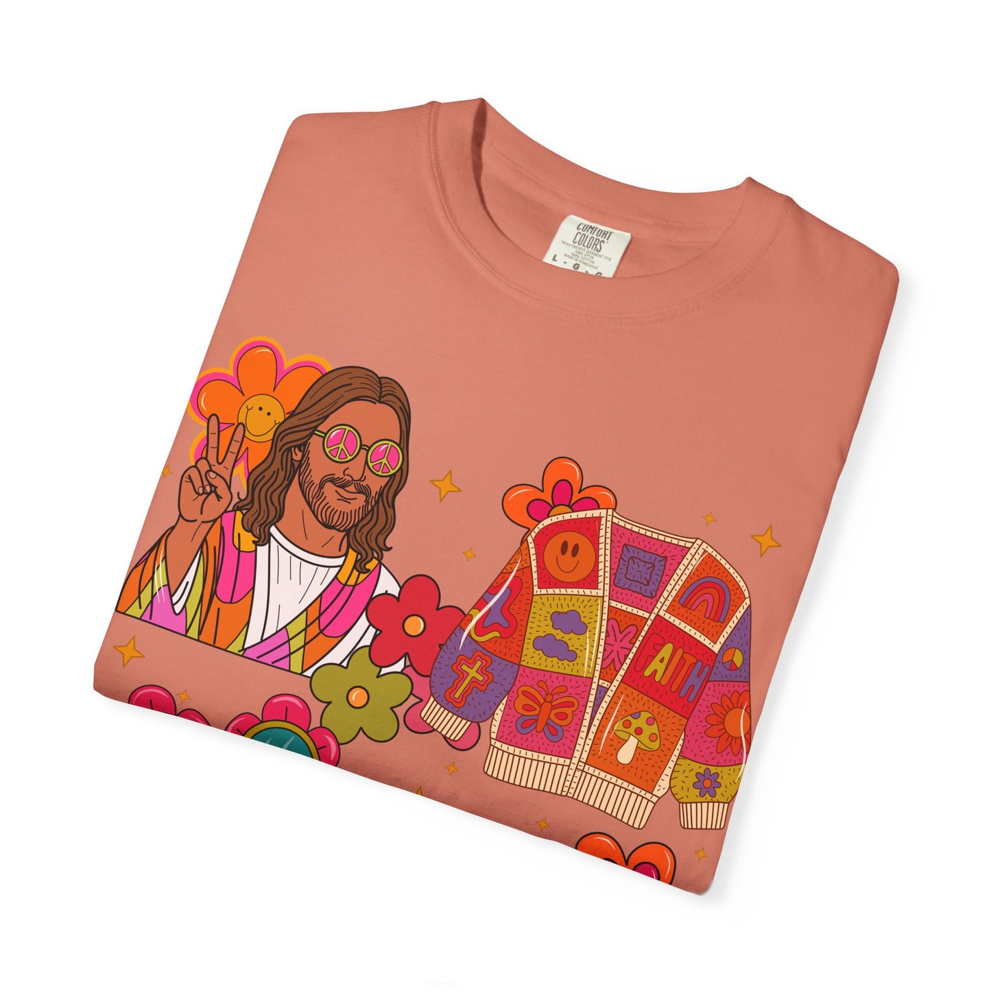 Retro Hippie Vibes T-Shirt — Groovy Pink Beetle, Flowers & Sunglasses