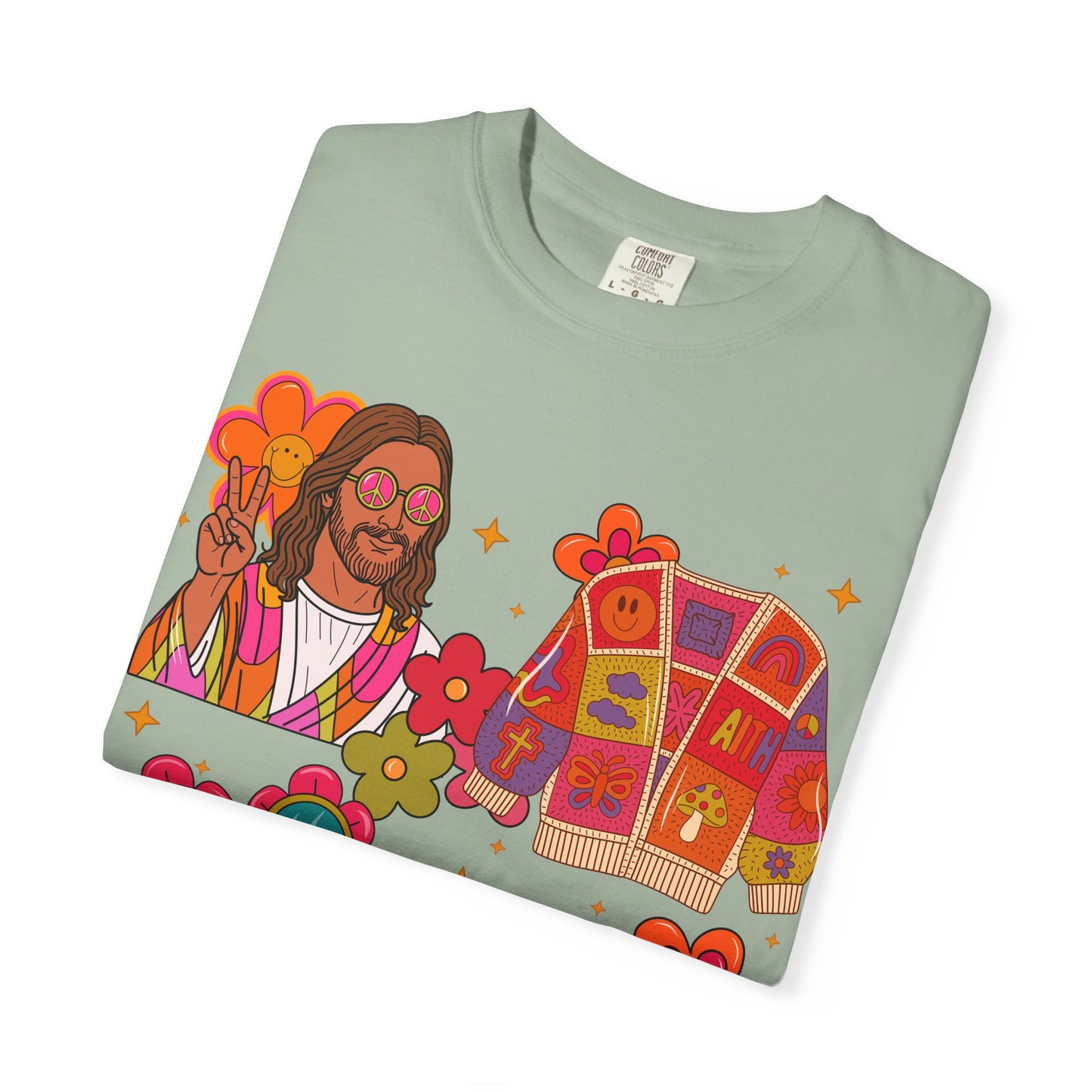 Retro Hippie Vibes T-Shirt — Groovy Pink Beetle, Flowers & Sunglasses