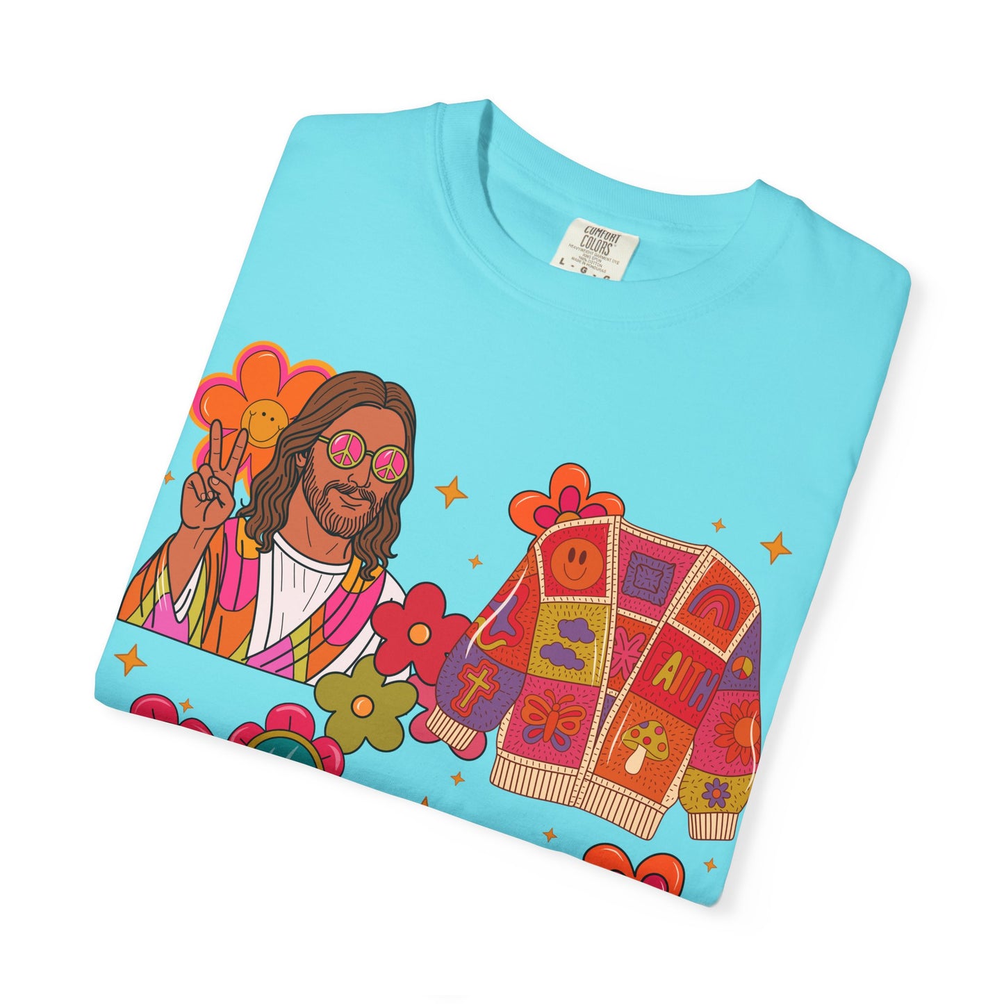 Retro Hippie Vibes T-Shirt — Groovy Pink Beetle, Flowers & Sunglasses