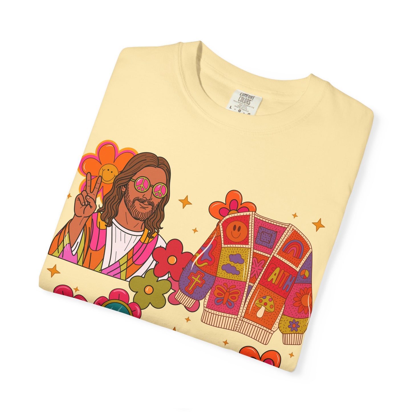 Retro Hippie Vibes T-Shirt — Groovy Pink Beetle, Flowers & Sunglasses