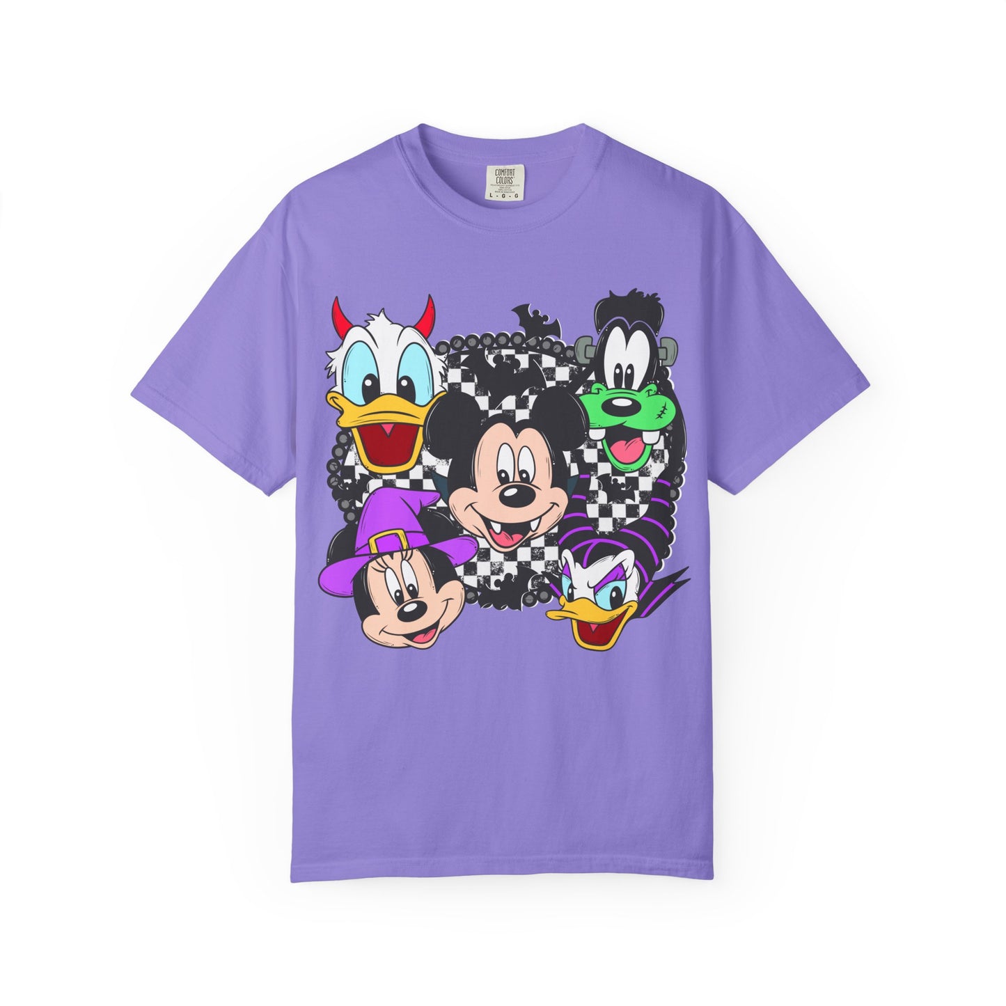 Retro Cartoon Character Faces Graphic T-Shirt — Checkerboard Halloween Vibe