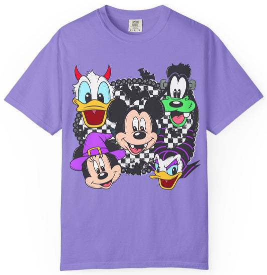 Retro Cartoon Character Faces Graphic T-Shirt — Checkerboard Halloween Vibe
