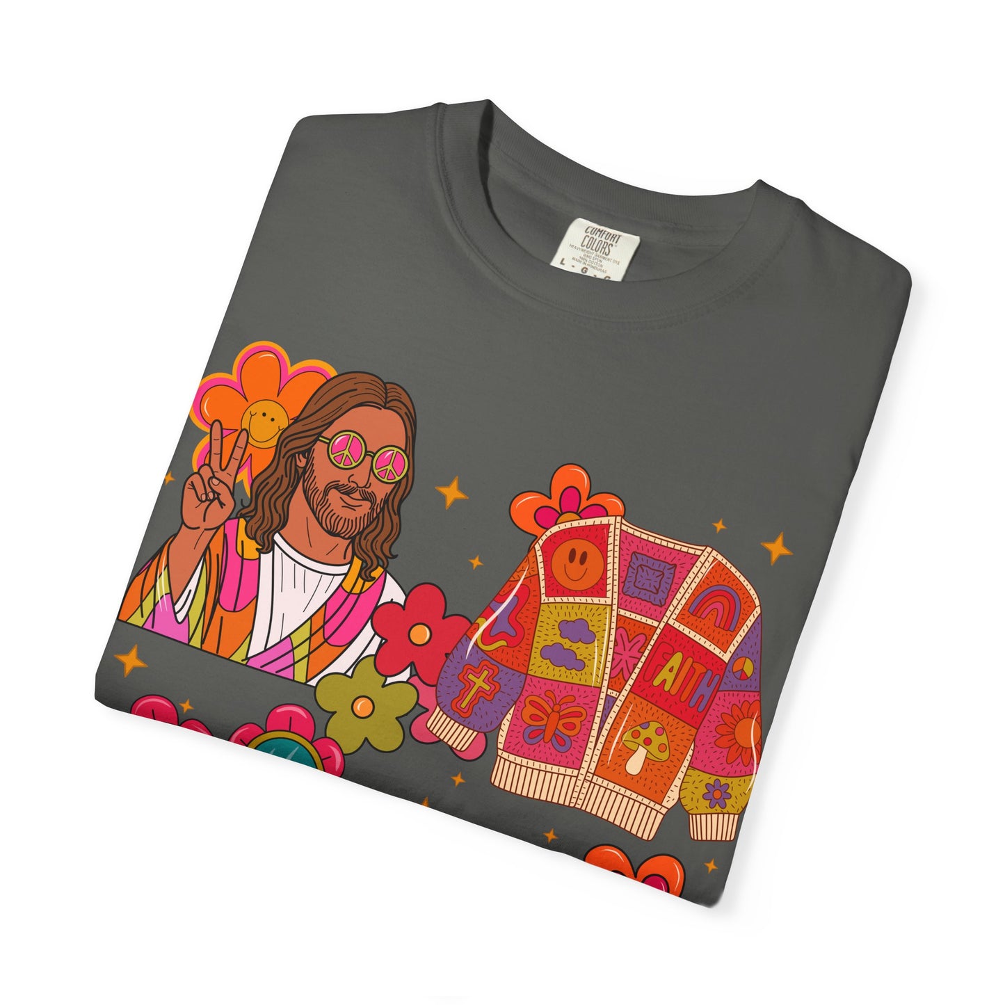 Retro Hippie Vibes T-Shirt — Groovy Pink Beetle, Flowers & Sunglasses
