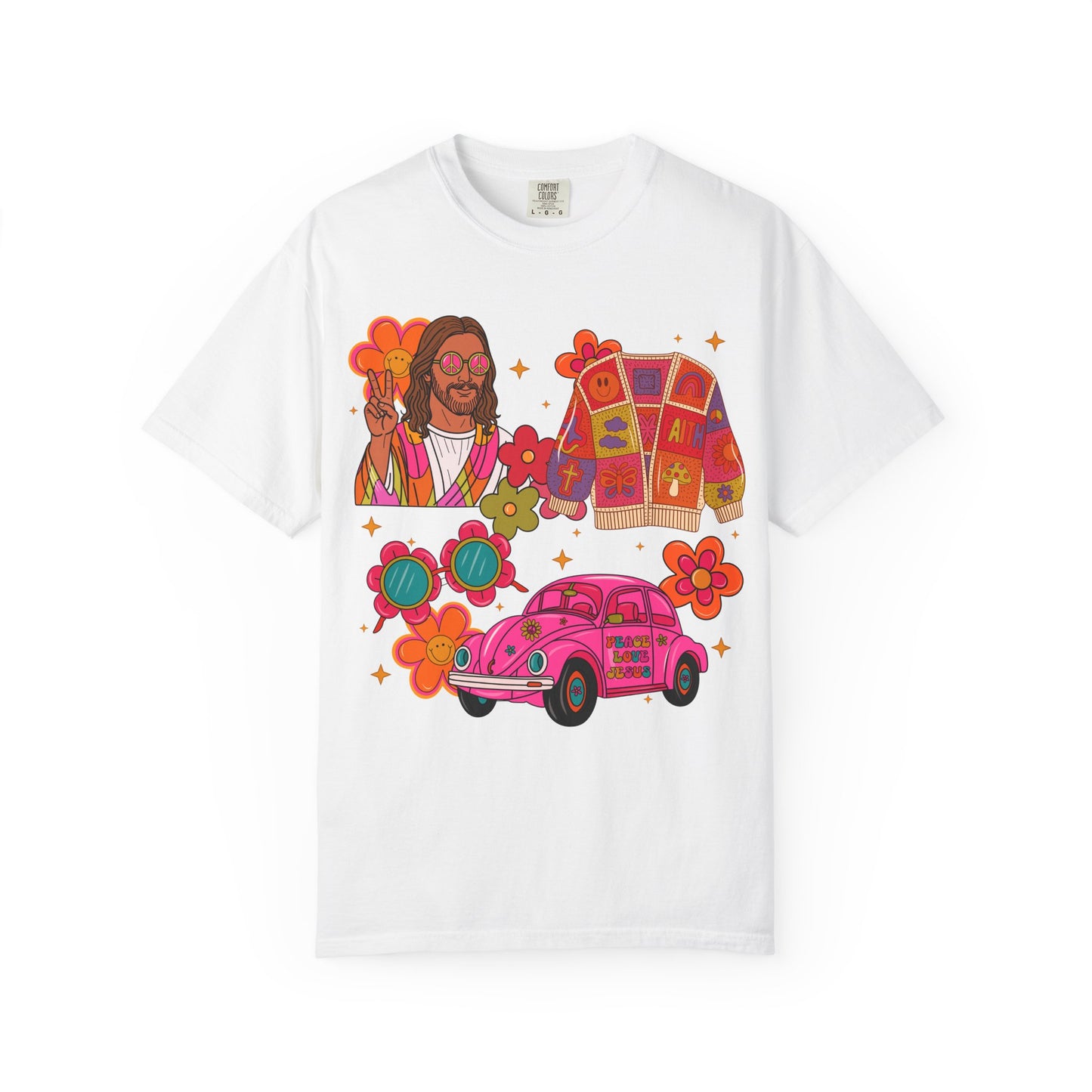 Retro Hippie Vibes T-Shirt — Groovy Pink Beetle, Flowers & Sunglasses