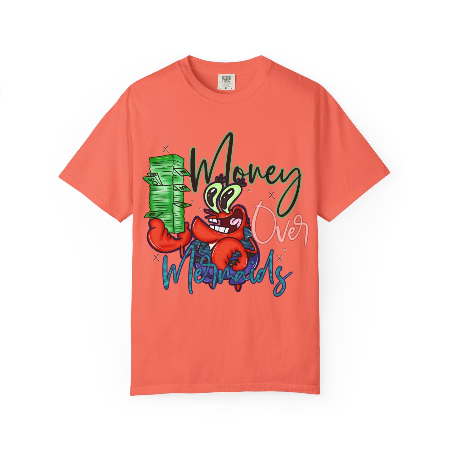 Money Over Mermaids Graphic T-Shirt — Cute Crab Holding Cash, Beachy Coastal Vibe