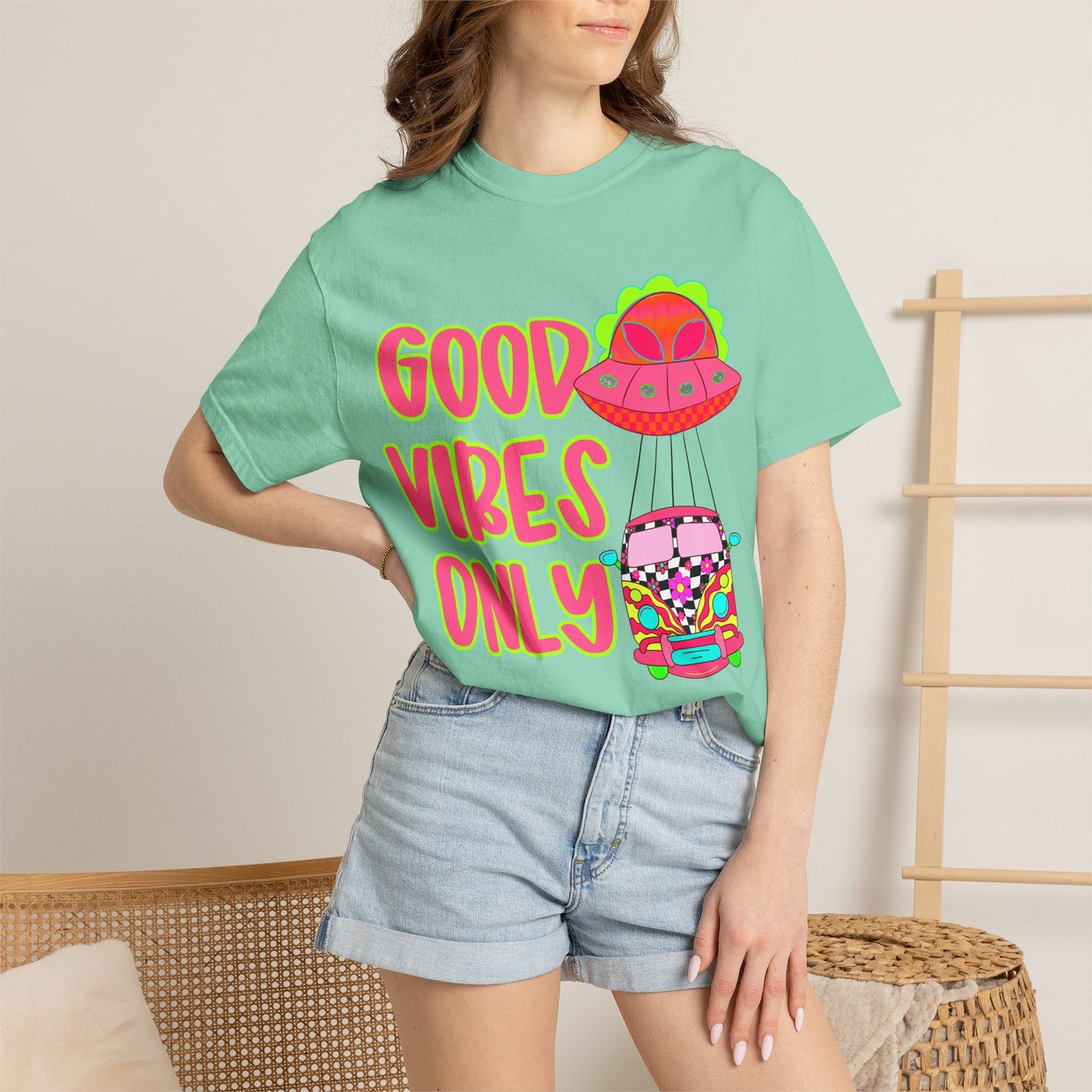 Good Vibes Only T-Shirt — Retro Psychedelic UFO Van Graphic Tee