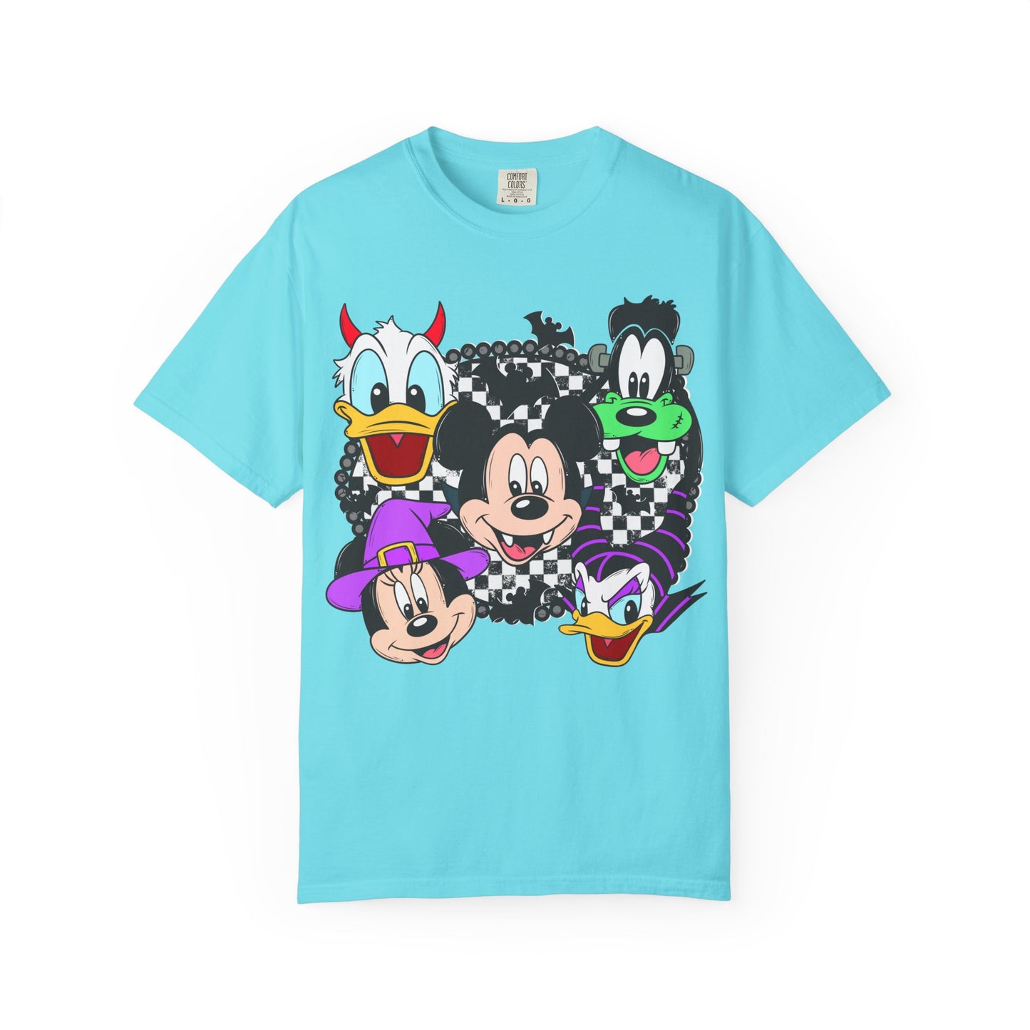 Retro Cartoon Character Faces Graphic T-Shirt — Checkerboard Halloween Vibe