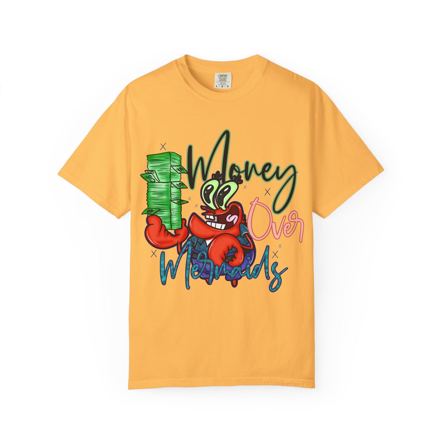 Money Over Mermaids Graphic T-Shirt — Cute Crab Holding Cash, Beachy Coastal Vibe